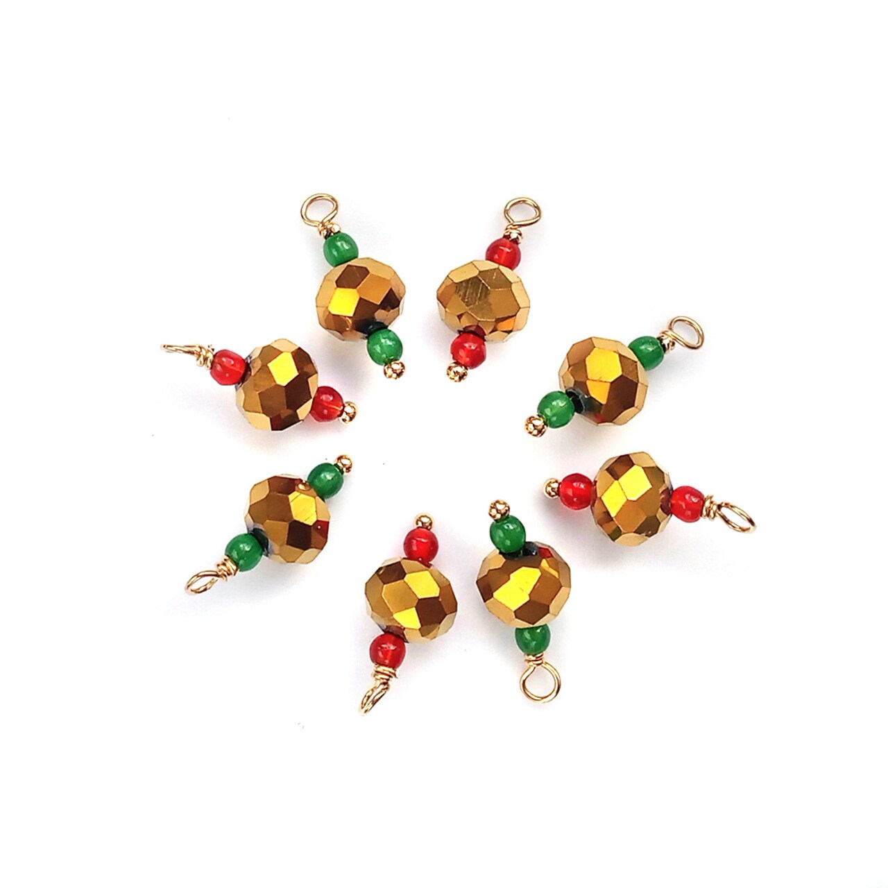 Pretty Christmas Beaded Charms, 8 pieces, Gold Red & Green Glass Bead Dangles, Adorabilities.